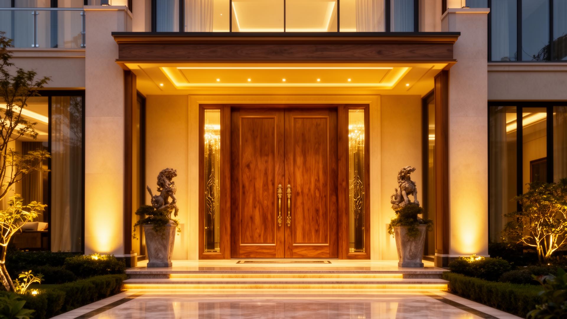 Entrada de casa com porta de madeira nobre — Casa das Portas